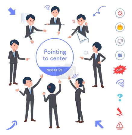 Illustration for A set of business man pointing in different directions.negative expression.It's vector art so easy to edit. - Royalty Free Image