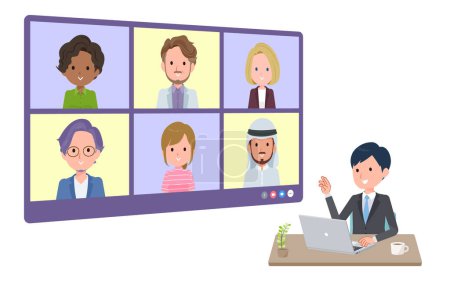 Illustration for A set of business man having an online meeting with multiple people. perspective angle.It's vector art so easy to edit. - Royalty Free Image