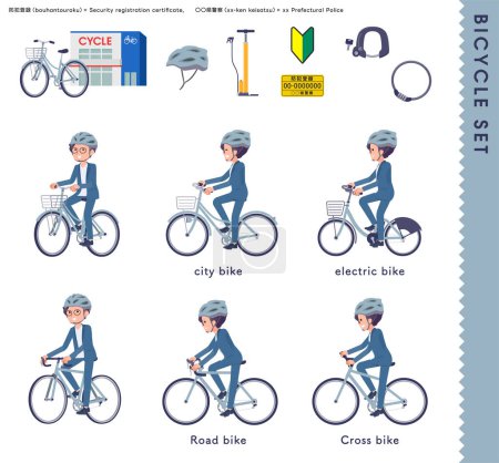Illustration for A set of business man riding various bicycles.It's vector art so easy to edit. - Royalty Free Image