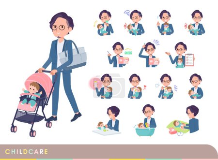 Illustration for A set of business man who take care of their baby.It's vector art so easy to edit. - Royalty Free Image