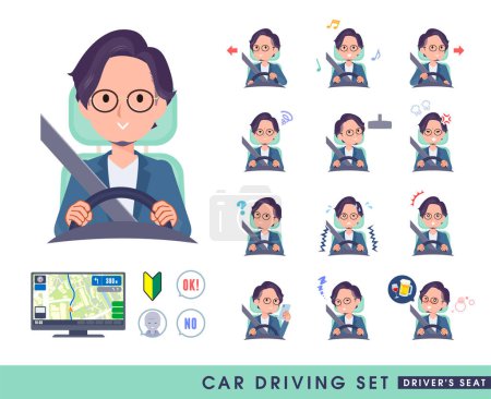 Illustration for A set of business man driving a car(driving seat).It's vector art so easy to edit. - Royalty Free Image