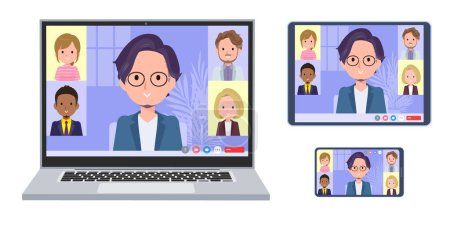 Illustration for A set of business man having an online meeting. A set of laptop, tablet and smartphone.It's vector art so easy to edit. - Royalty Free Image