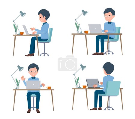 Illustration for A set of dad working at a desk at a computer.It's vector art so easy to edit. - Royalty Free Image