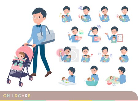 Illustration for A set of dad who take care of their baby.It's vector art so easy to edit. - Royalty Free Image