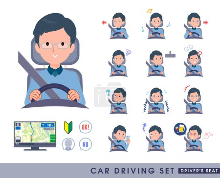 Illustration for A set of dad driving a car(driving seat).It's vector art so easy to edit. - Royalty Free Image