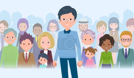 Illustration for A set of dad standing in front of a large number of people.It's vector art so easy to edit. - Royalty Free Image