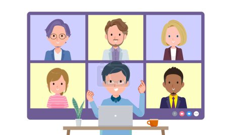 Illustration for A set of dad having an online meeting with multiple people. Front angle.It's vector art so easy to edit. - Royalty Free Image