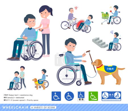 Illustration for A set of dad in a wheelchair.It depicts various situations of wheelchair users. - Royalty Free Image