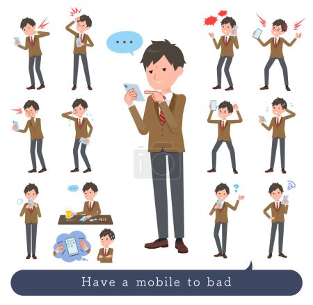 Téléchargez les illustrations : Un ensemble de blazer écolier à malheureux à l'aide d'un smartphone.C'est l'art vectoriel si facile à éditer. - en licence libre de droit