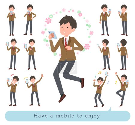 Illustration for A set of blazer schoolboy to enjoy using a smartphone.It's vector art so easy to edit. - Royalty Free Image