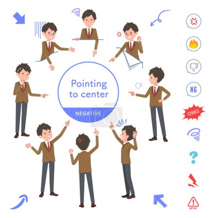 Illustration for A set of blazer schoolboy pointing in different directions.negative expression.It's vector art so easy to edit. - Royalty Free Image
