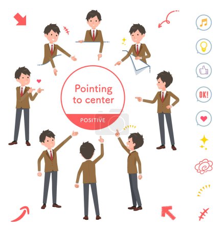 Illustration for A set of blazer schoolboy pointing in different directions.Positive expression.It's vector art so easy to edit. - Royalty Free Image