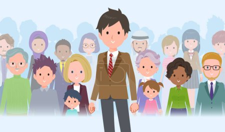 Illustration for A set of blazer schoolboy standing in front of a large number of people.It's vector art so easy to edit. - Royalty Free Image