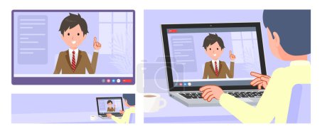 Illustration for A set of blazer schoolboy having a video chat. It's vector art so easy to edit. - Royalty Free Image