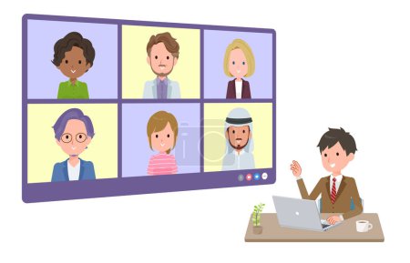Illustration for A set of blazer schoolboy having an online meeting with multiple people. perspective angle.It's vector art so easy to edit. - Royalty Free Image