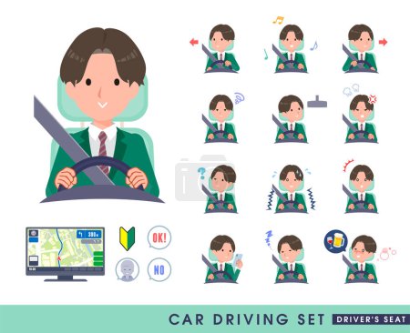 Illustration for A set of blazer schoolboy driving a car(driving seat).It's vector art so easy to edit. - Royalty Free Image