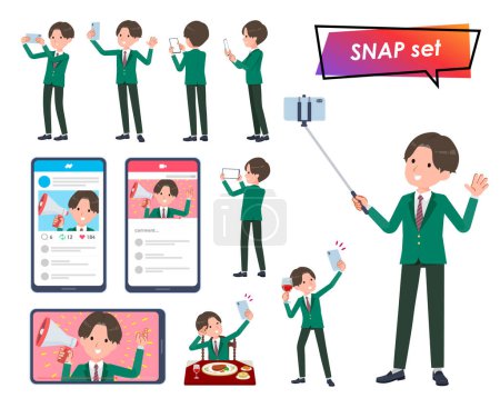 Illustration for A set of blazer schoolboy shooting with a smartphone.It's vector art so easy to edit. - Royalty Free Image