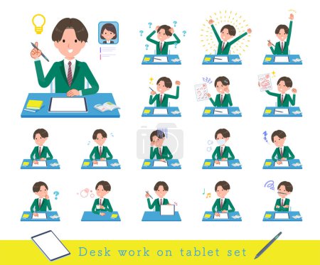Illustration for A set of blazer schoolboy studying on a tablet device.It's vector art so easy to edit. - Royalty Free Image