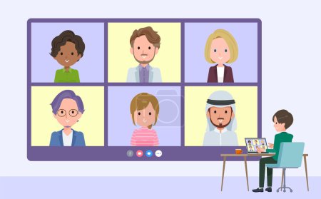 Illustration for A set of blazer schoolboy having a video chat with multiple people.It's vector art so easy to edit. - Royalty Free Image