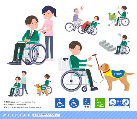 Téléchargez les illustrations : Ensemble d'écoliers blazers en fauteuil roulant représentant diverses situations d'utilisateurs de fauteuil roulant. - en licence libre de droit