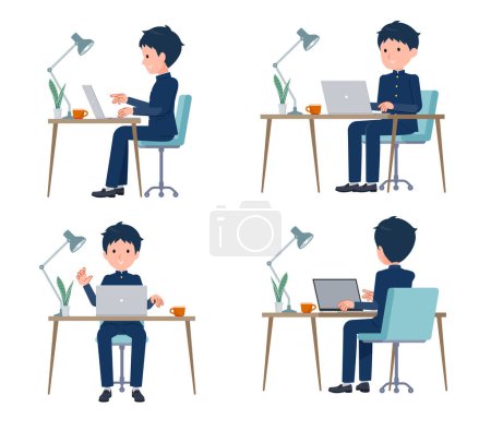 Téléchargez les illustrations : Un ensemble d'écolier travaillant à un bureau à un ordinateur.C'est un art vectoriel si facile à éditer. - en licence libre de droit