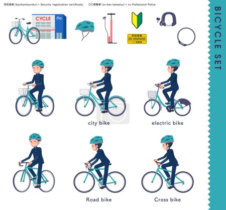 Ilustración de Un conjunto de niño de la escuela que monta varias bicicletas. Es arte vectorial tan fácil de editar. - Imagen libre de derechos