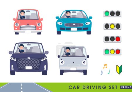 Illustration for A set of School boy driving a car(front).It's vector art so easy to edit. - Royalty Free Image