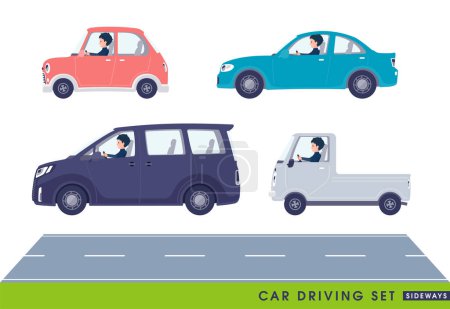 Illustration for A set of School boy driving a car(sideways).It's vector art so easy to edit. - Royalty Free Image