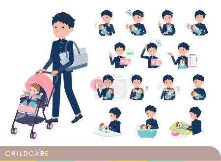 Illustration for A set of School boy who take care of their baby.It's vector art so easy to edit. - Royalty Free Image