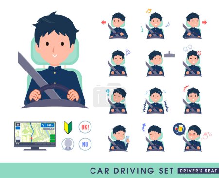 Illustration for A set of School boy driving a car(driving seat).It's vector art so easy to edit. - Royalty Free Image