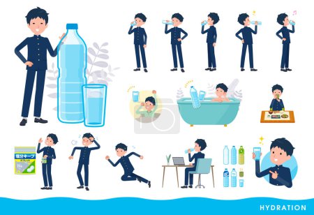 Illustration for A set of School boy drinking water.It's vector art so easy to edit. - Royalty Free Image