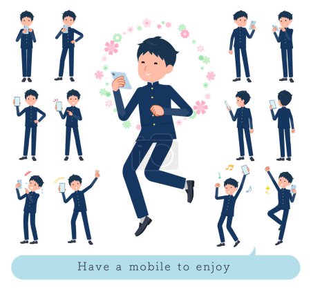 Illustration for A set of School boy to enjoy using a smartphone.It's vector art so easy to edit. - Royalty Free Image