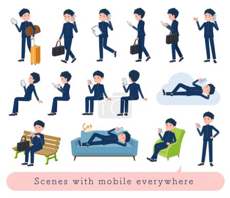 Illustration for A set of School boy who uses a smartphone in various scenes.It's vector art so easy to edit. - Royalty Free Image