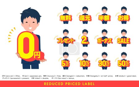 Illustration for A set of School boy with a great deal POP in Japanese.It's vector art so easy to edit. - Royalty Free Image
