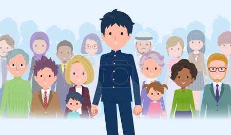 Illustration for A set of School boy standing in front of a large number of people.It's vector art so easy to edit. - Royalty Free Image