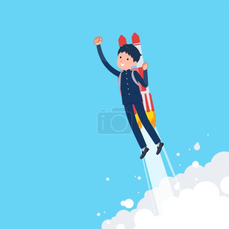 Ilustración de Un conjunto de chico de la escuela despegando con un cohete jet. Es arte vectorial tan fácil de editar. - Imagen libre de derechos