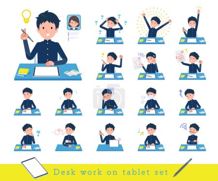 Illustration for A set of School boy studying on a tablet device.It's vector art so easy to edit. - Royalty Free Image