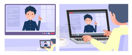 Illustration for A set of School boy having a video chat. It's vector art so easy to edit. - Royalty Free Image