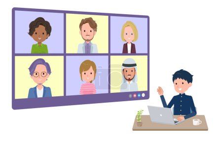 Illustration for A set of School boy having an online meeting with multiple people. perspective angle.It's vector art so easy to edit. - Royalty Free Image