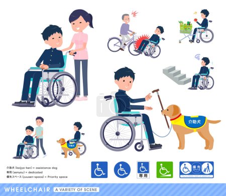 Téléchargez les illustrations : Ensemble d'écoliers en fauteuil roulant représentant diverses situations d'utilisateurs de fauteuil roulant. - en licence libre de droit