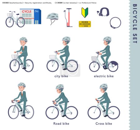 Illustration for A set of business president man riding various bicycles.It's vector art so easy to edit. - Royalty Free Image