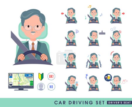 Illustration for A set of business president man driving a car(driving seat).It's vector art so easy to edit. - Royalty Free Image