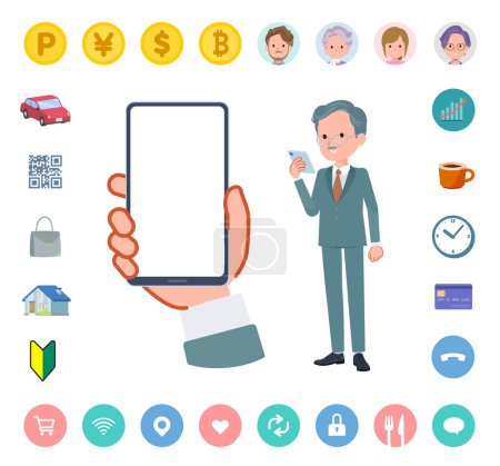 Illustration for A set of business president man looking at a smartphone screen.It's vector art so easy to edit.The inside of the screen is transparent, so it is easy to fit. - Royalty Free Image