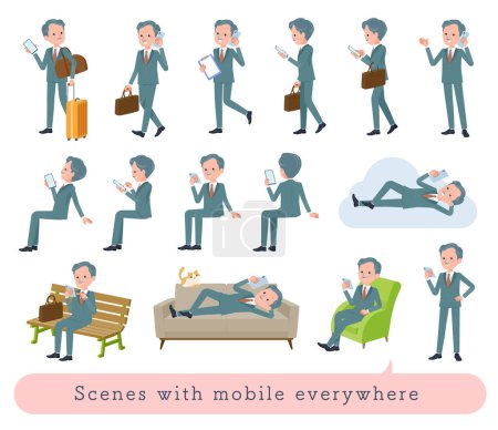 Ilustración de Un conjunto de hombre presidente de negocios que utiliza un teléfono inteligente en varias escenas.It arte vectorial tan fácil de editar. - Imagen libre de derechos