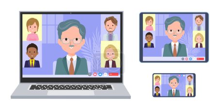 Illustration for A set of business president man having an online meeting. A set of laptop, tablet and smartphone.It's vector art so easy to edit. - Royalty Free Image