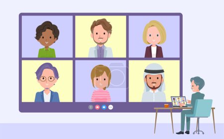 Illustration for A set of business president man having a video chat with multiple people.It's vector art so easy to edit. - Royalty Free Image