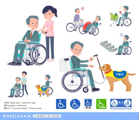 Téléchargez les illustrations : Un ensemble de président d'entreprise homme en fauteuil roulant Il dépeint diverses situations d'utilisateurs de fauteuil roulant. - en licence libre de droit