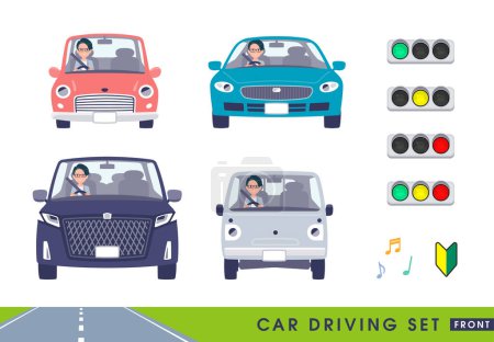 Illustration for A set of Programmer engineer man driving a car(front).It's vector art so easy to edit. - Royalty Free Image