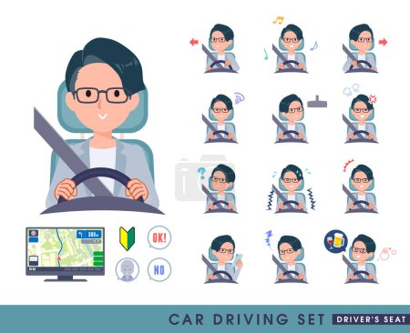 Illustration for A set of Programmer engineer man driving a car(driving seat).It's vector art so easy to edit. - Royalty Free Image