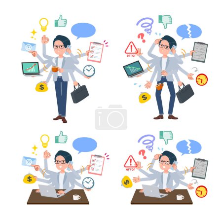 Illustration for A set of Programmer engineer man who perform multitasking in the office.It's vector art so easy to edit. - Royalty Free Image